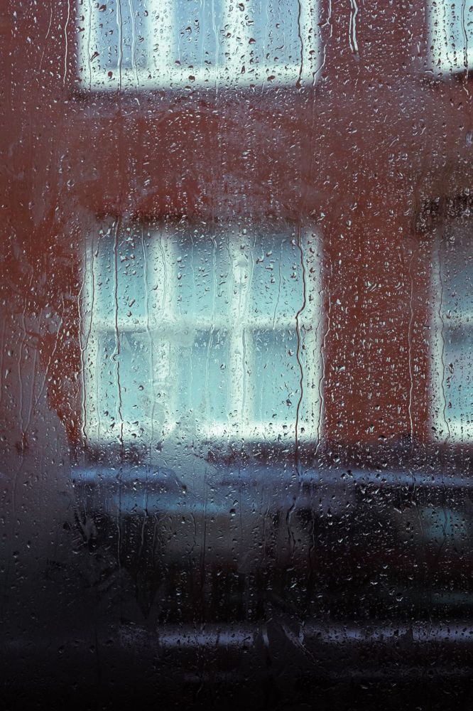 Rain against a window during a storm in Newtown, CT